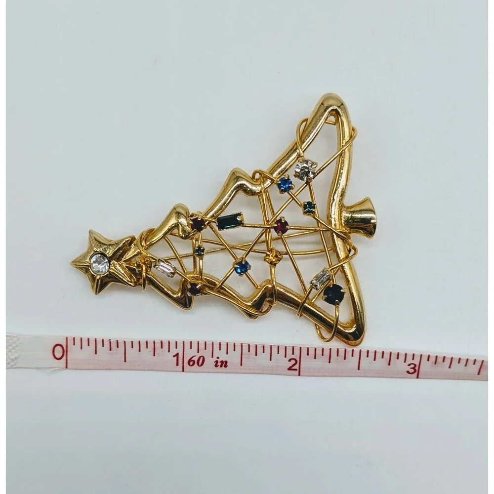 Gold Tone Christmas Tree Multicolor Rhinestone Twisted Wire Brooch Pin